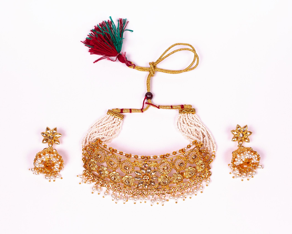 Gold-Polished Alloy Designer Pearl And Alloy Choker Necklace - The Pari | Grocsy