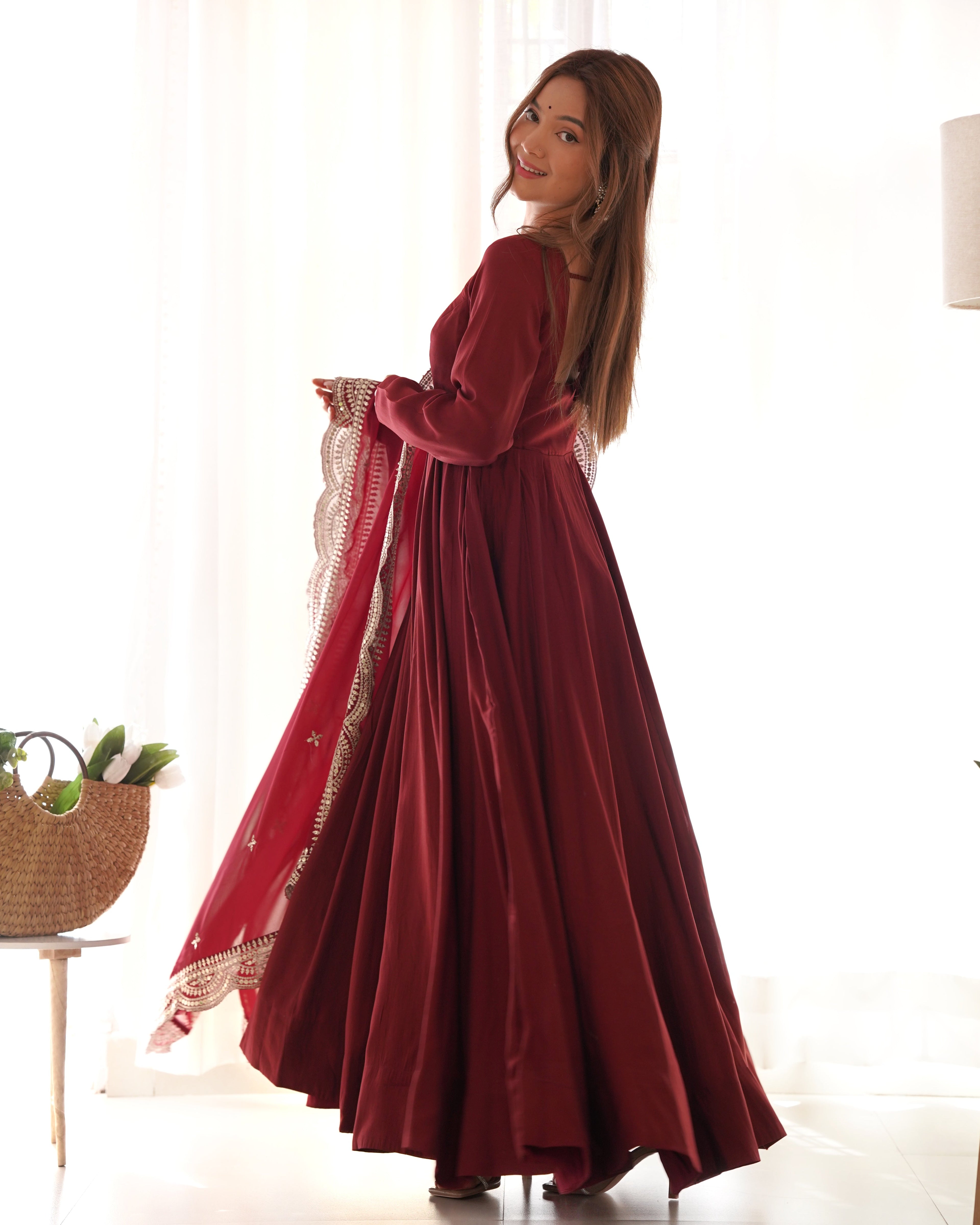 Lorenvalley Fashion Maroon Pure Roman Silk Chanderi Fabric Fully Flared Anarkali Pant With Dupatta Set - Maroon | Grocsy