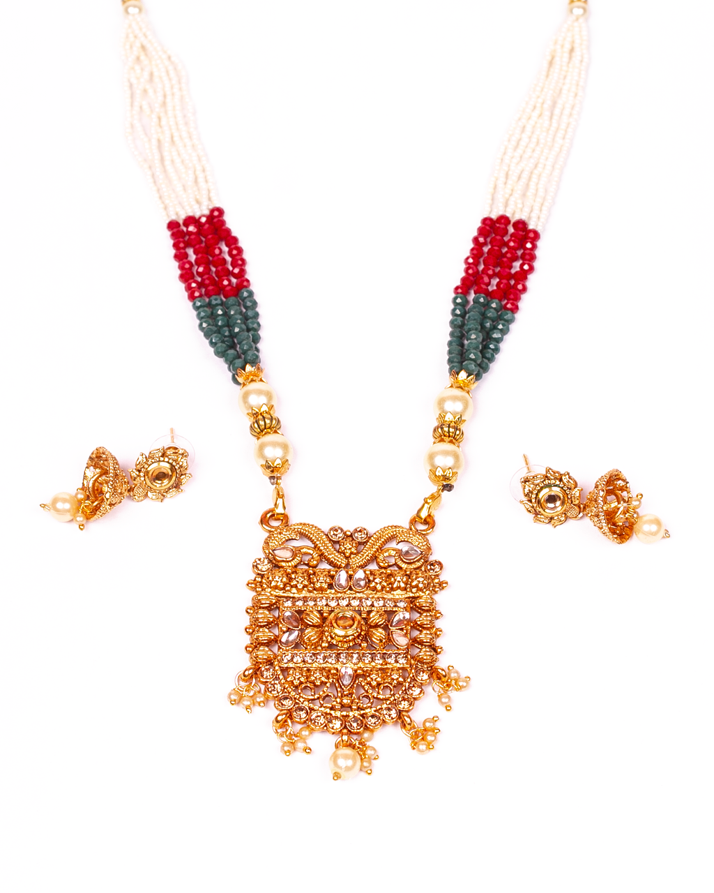 Gold-Polished Alloy Pearl And Beads Mala Pendant Set - The Pari | Grocsy