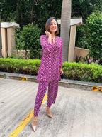trueBrowns Purple White Lehariya Printed Silk Co-Ord Set | Grocsy