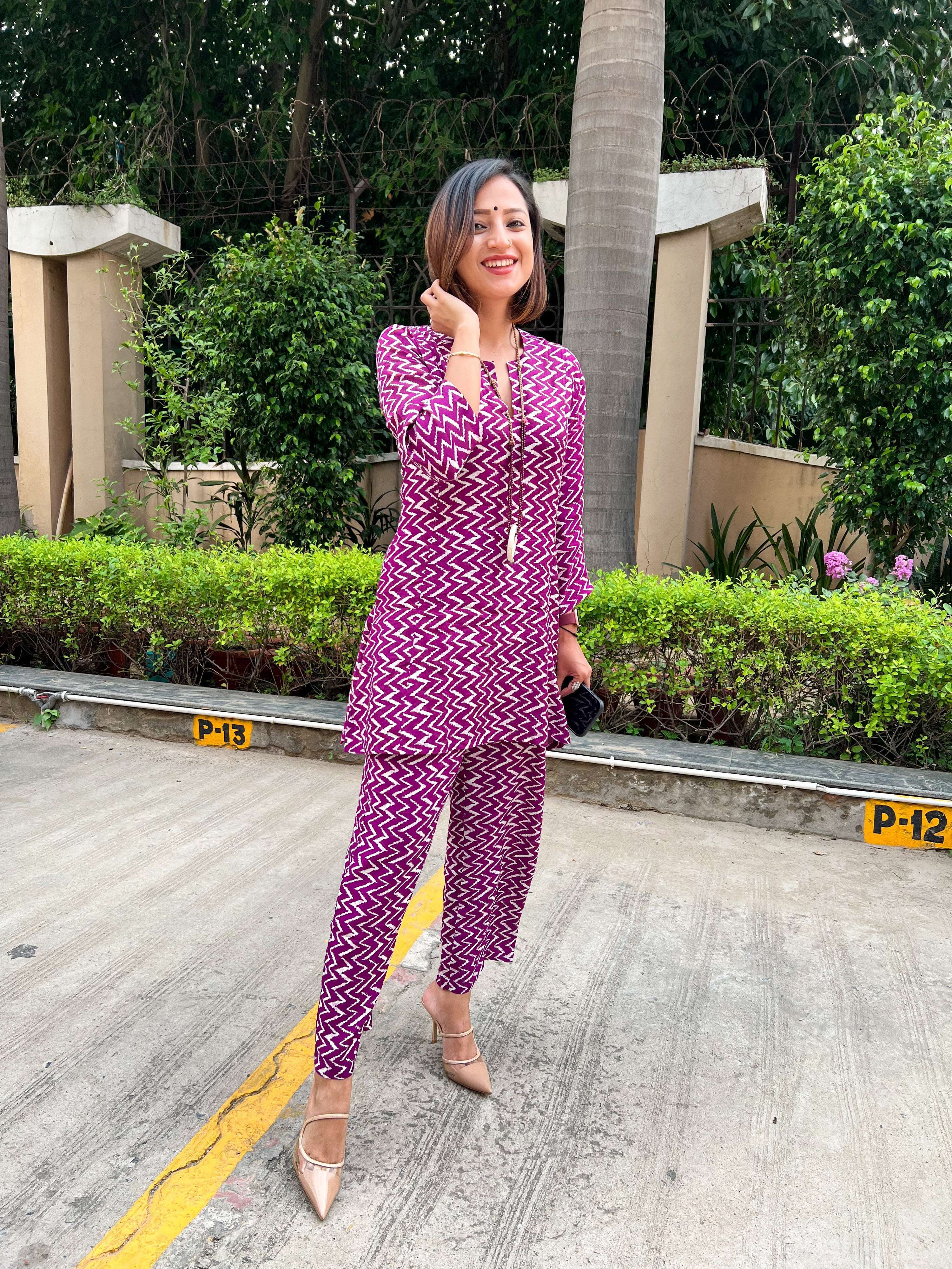 trueBrowns Purple White Lehariya Printed Silk Co-Ord Set | Grocsy