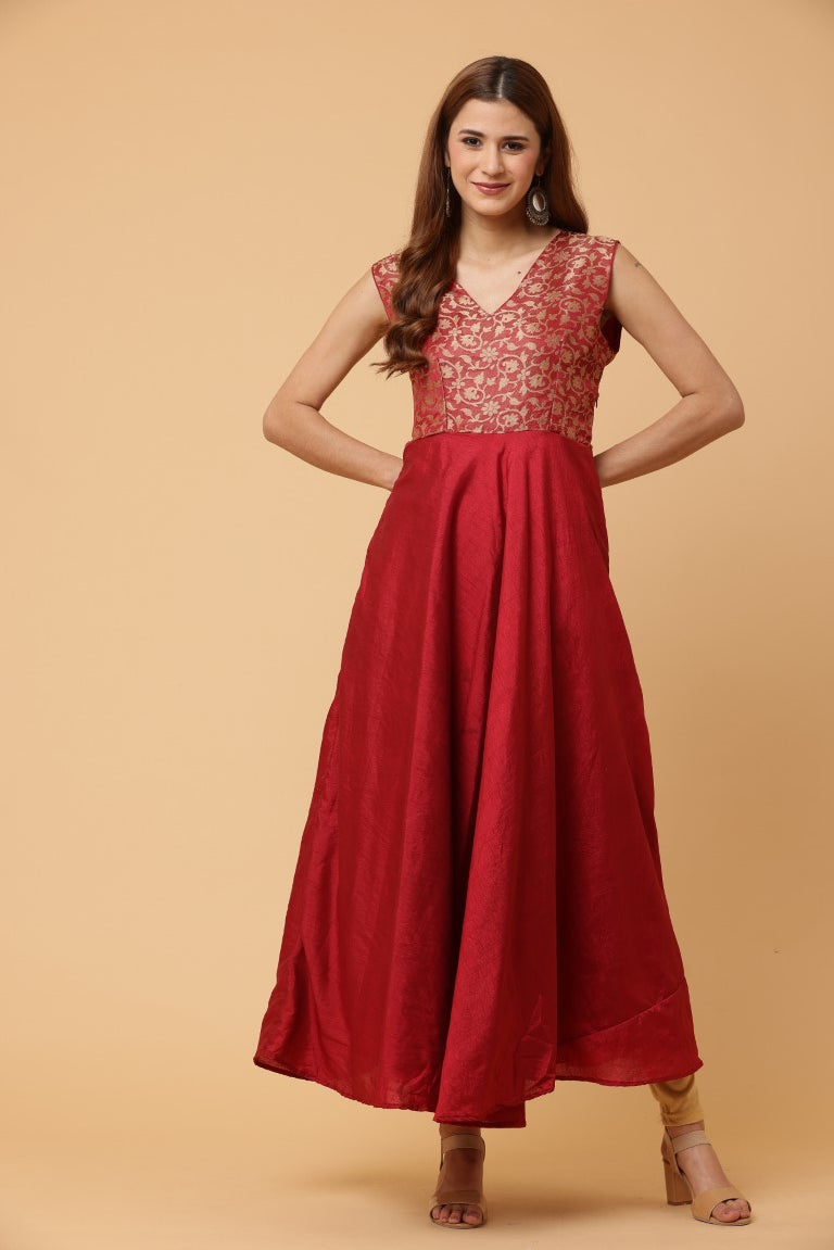 Fab Fashion Maroon Sleeveless Anarkali Dress | Grocsy