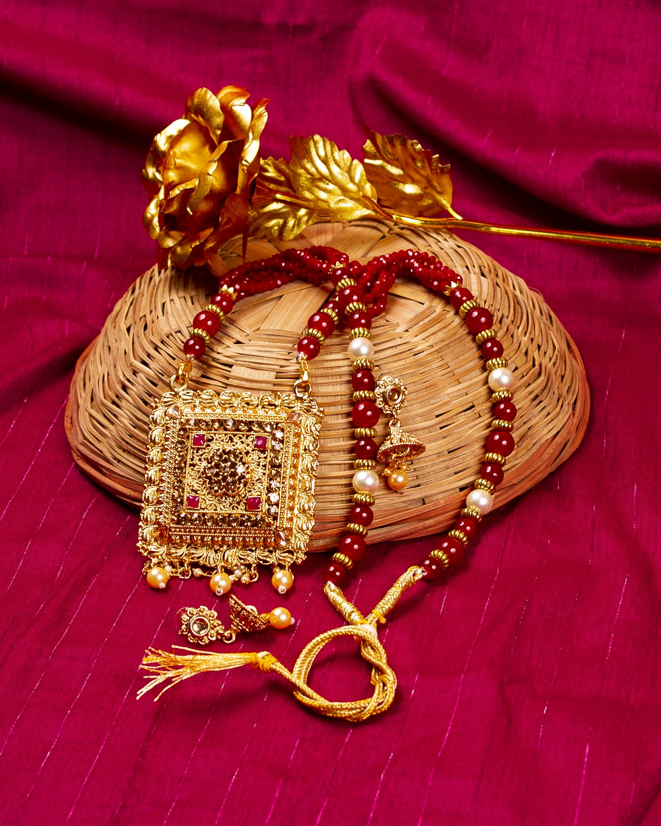 Gold-Polished Alloy Pearl And Beads Mala Pendant Set - The Pari | Grocsy
