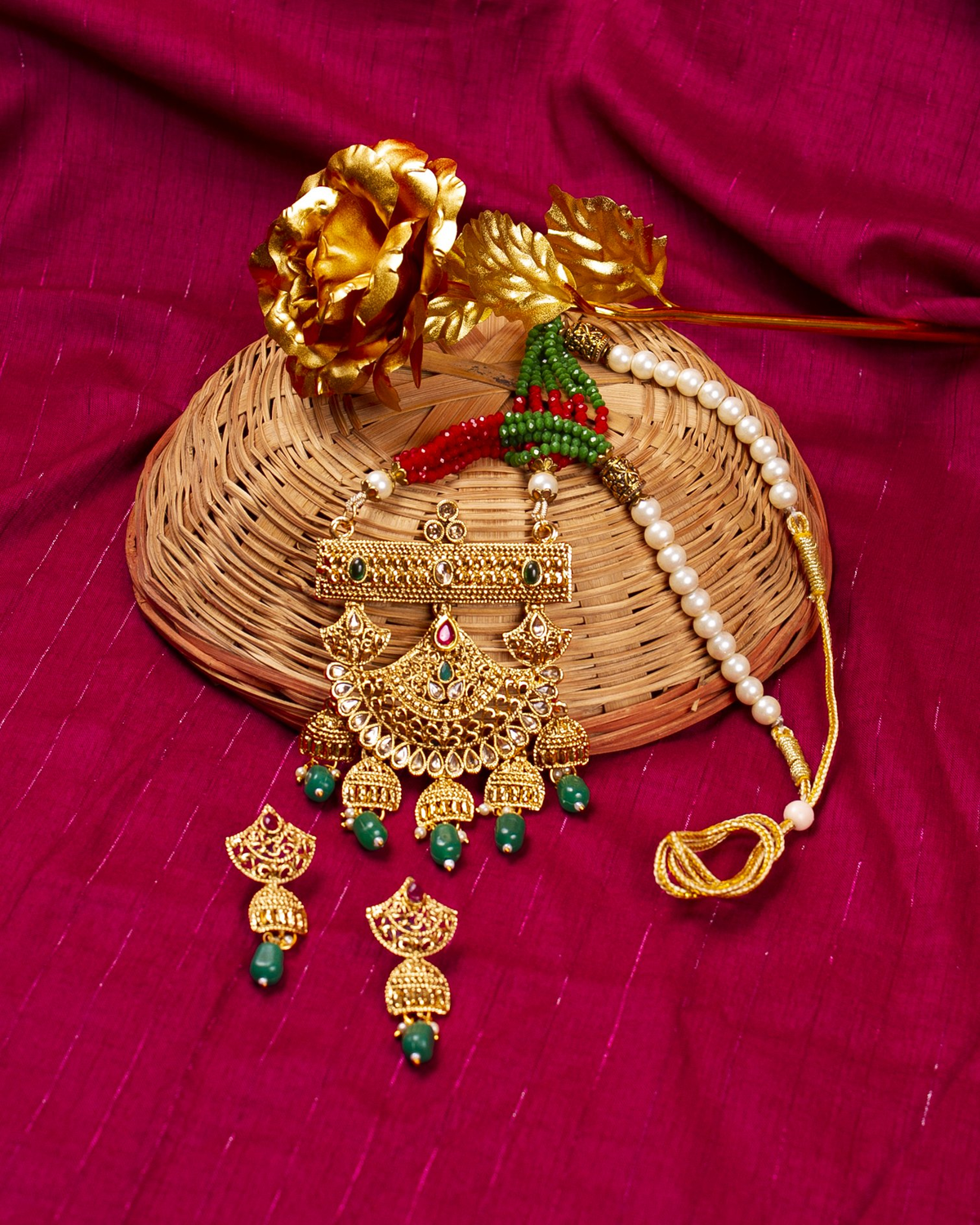 Gold-Polished Alloy Pearl And Beads Mala Pendant Set - The Pari | Grocsy