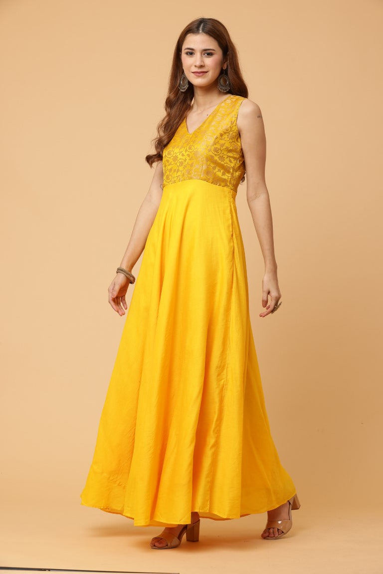 Fab Fashion Yellow Sleeveless Anarkali Dress | Grocsy