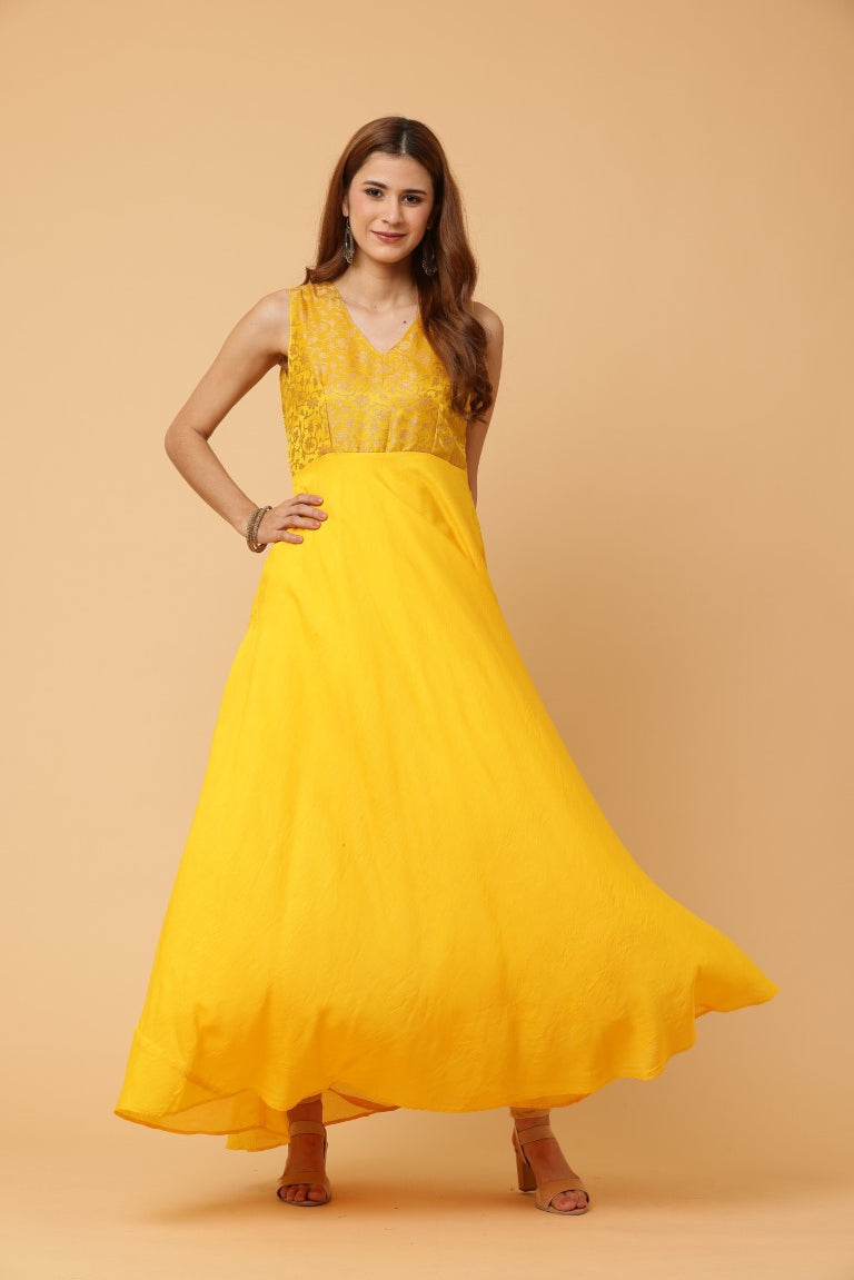 Fab Fashion Yellow Sleeveless Anarkali Dress | Grocsy