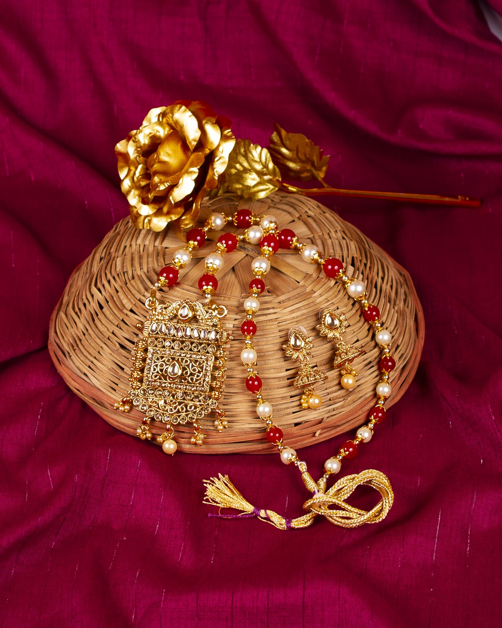 Gold-Polished Alloy Pearl And Beads Mala Pendant Set - The Pari | Grocsy