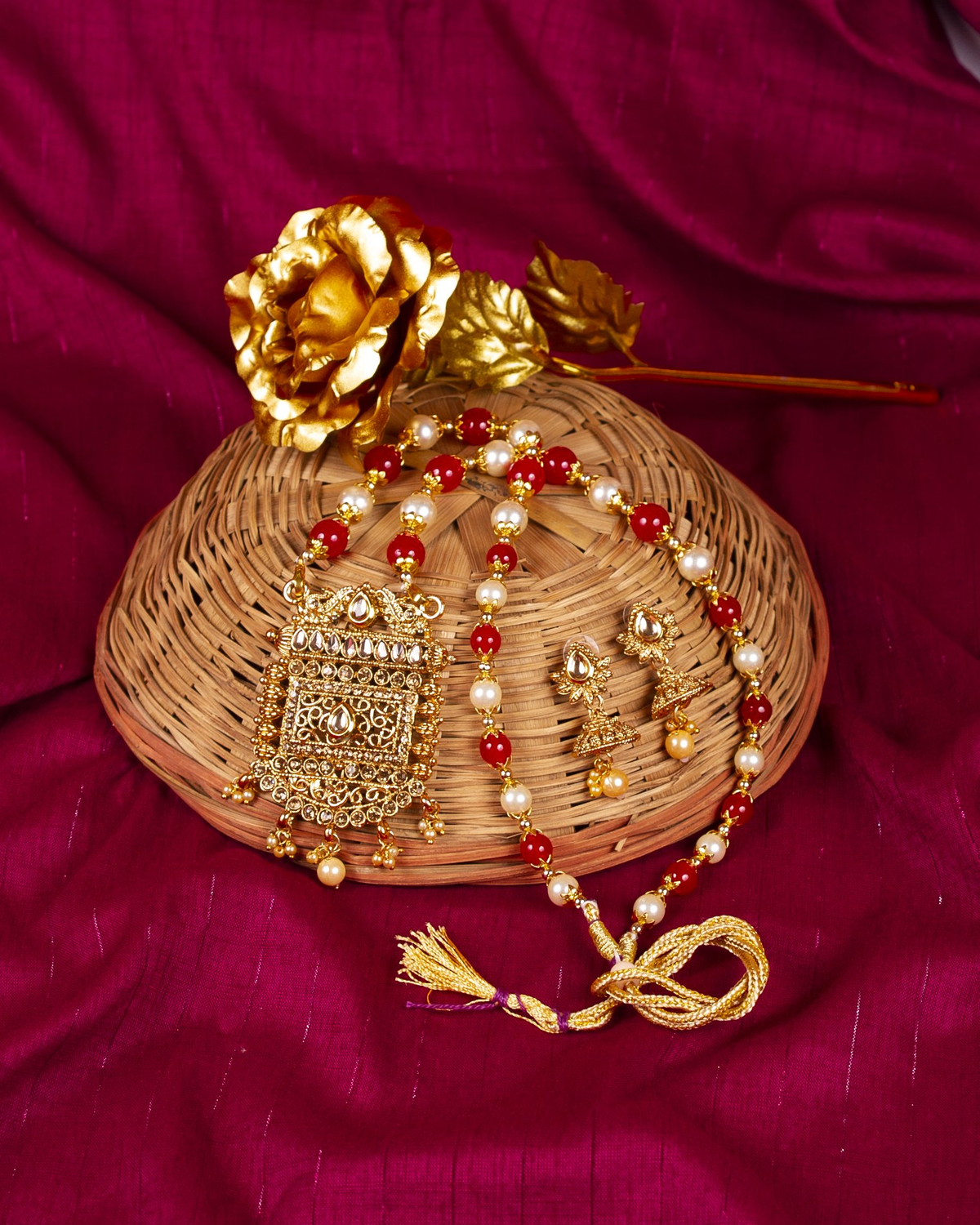 Gold-Polished Alloy Pearl And Beads Mala Pendant Set - The Pari | Grocsy