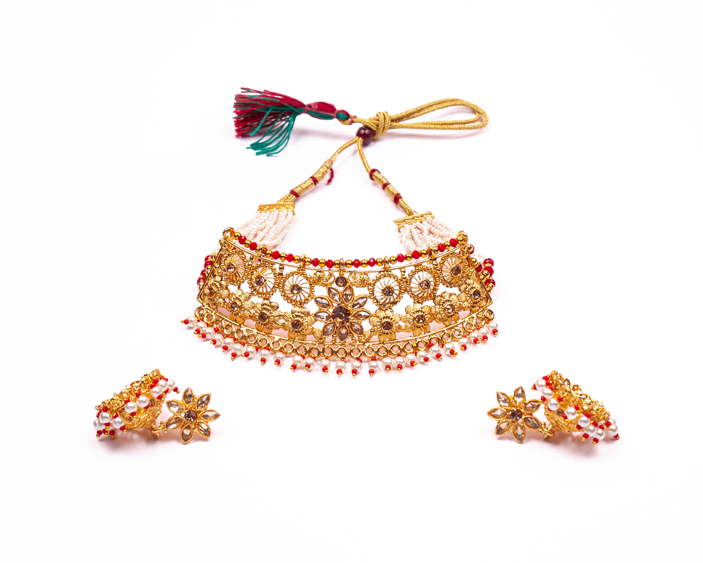 Gold-Polished Alloy Designer Pearl And Alloy Choker Necklace - The Pari | Grocsy