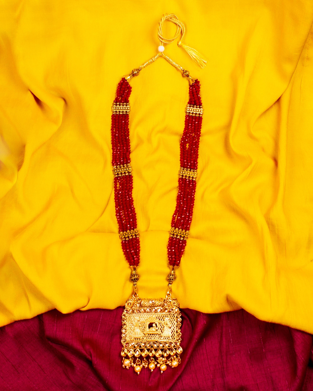 Gold-Polished Alloy Pearl And Beads Mala Pendant Set - The Pari | Grocsy