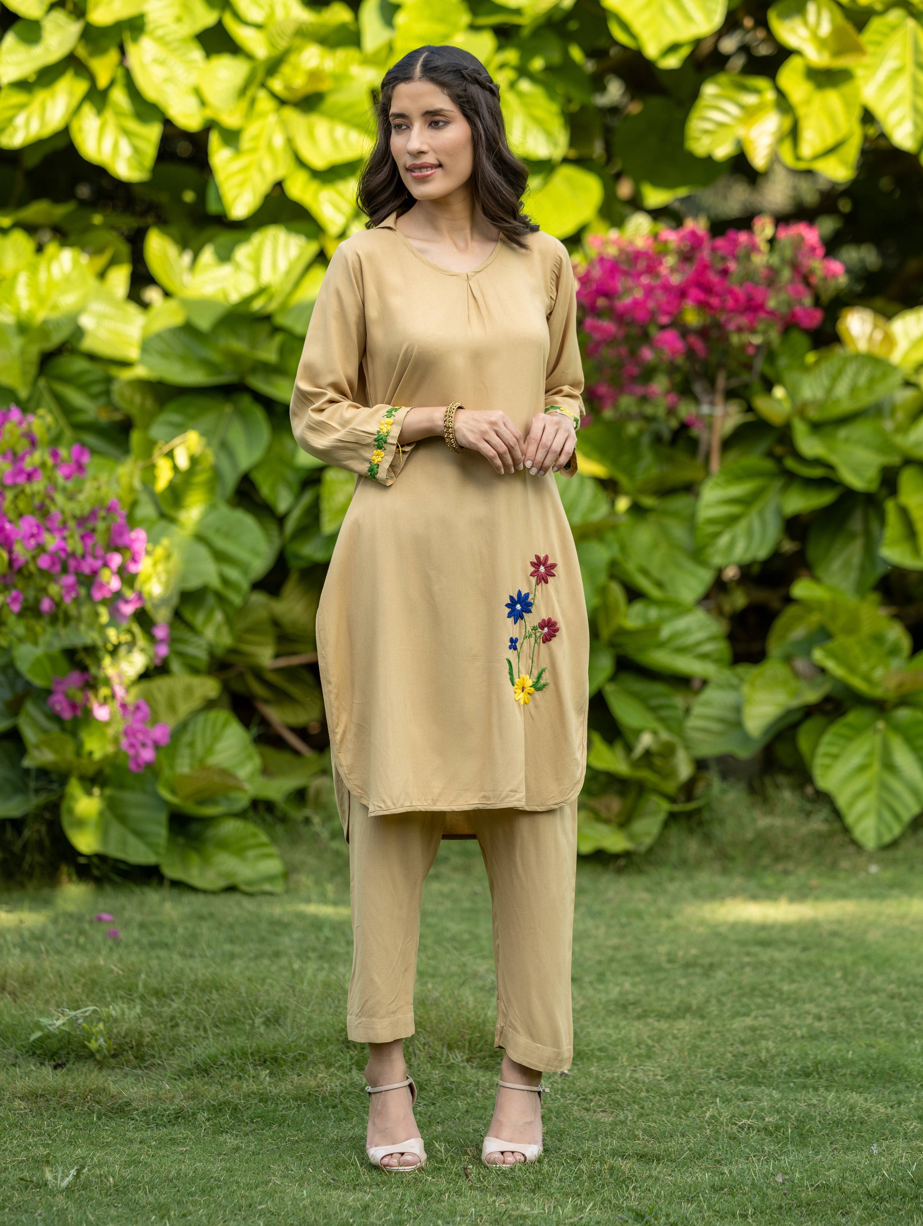 Gharana India Luxury Rayon Beige Chikankari Kurta Set | Grocsy