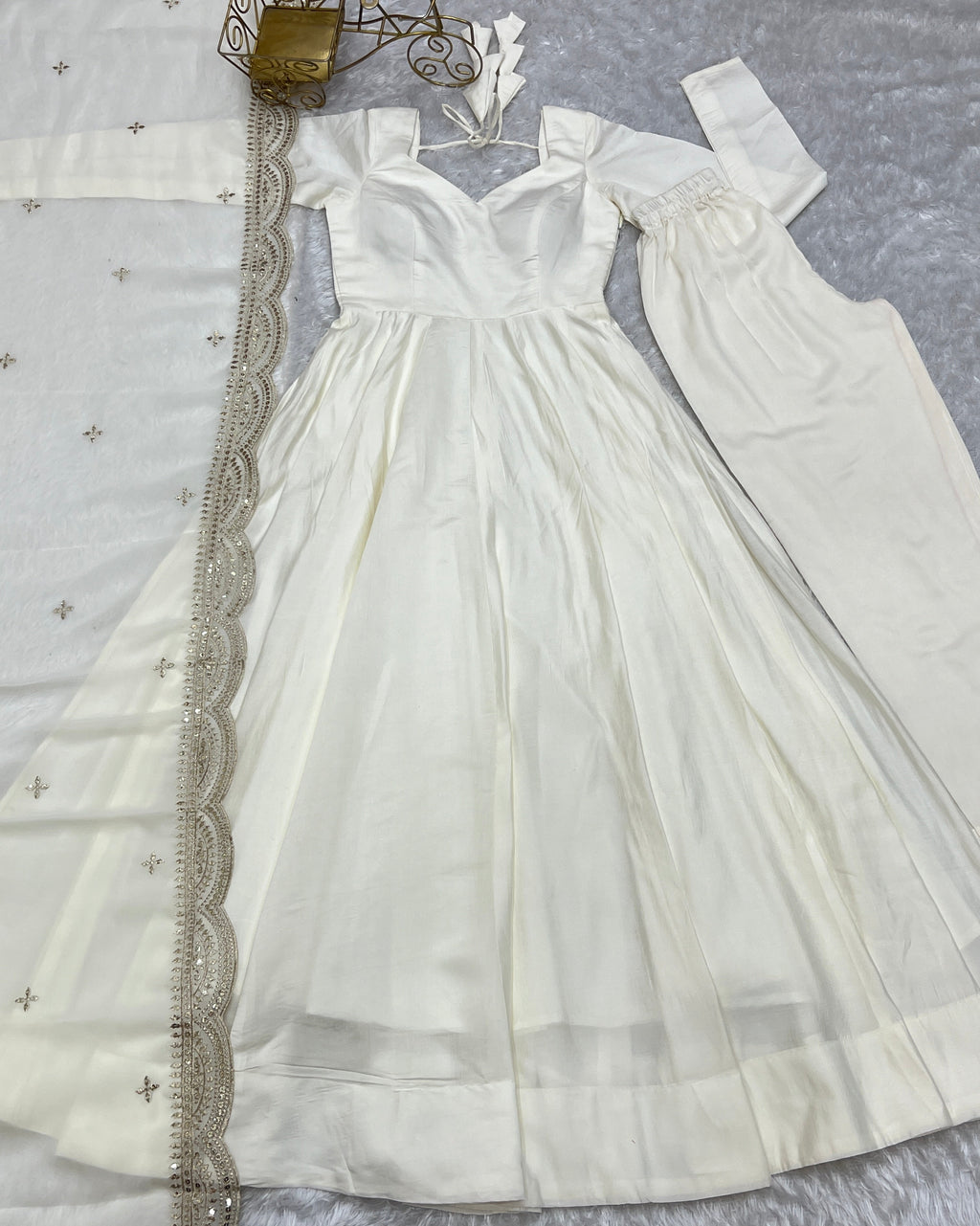 Lorenvalley Fashion Offwhite Pure Roman Silk Chanderi Fabric Fully Flared Anarkali Pant With Dupatta Set - Off White | Grocsy