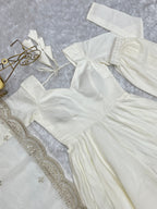 Lorenvalley Fashion Offwhite Pure Roman Silk Chanderi Fabric Fully Flared Anarkali Pant With Dupatta Set - Off White | Grocsy