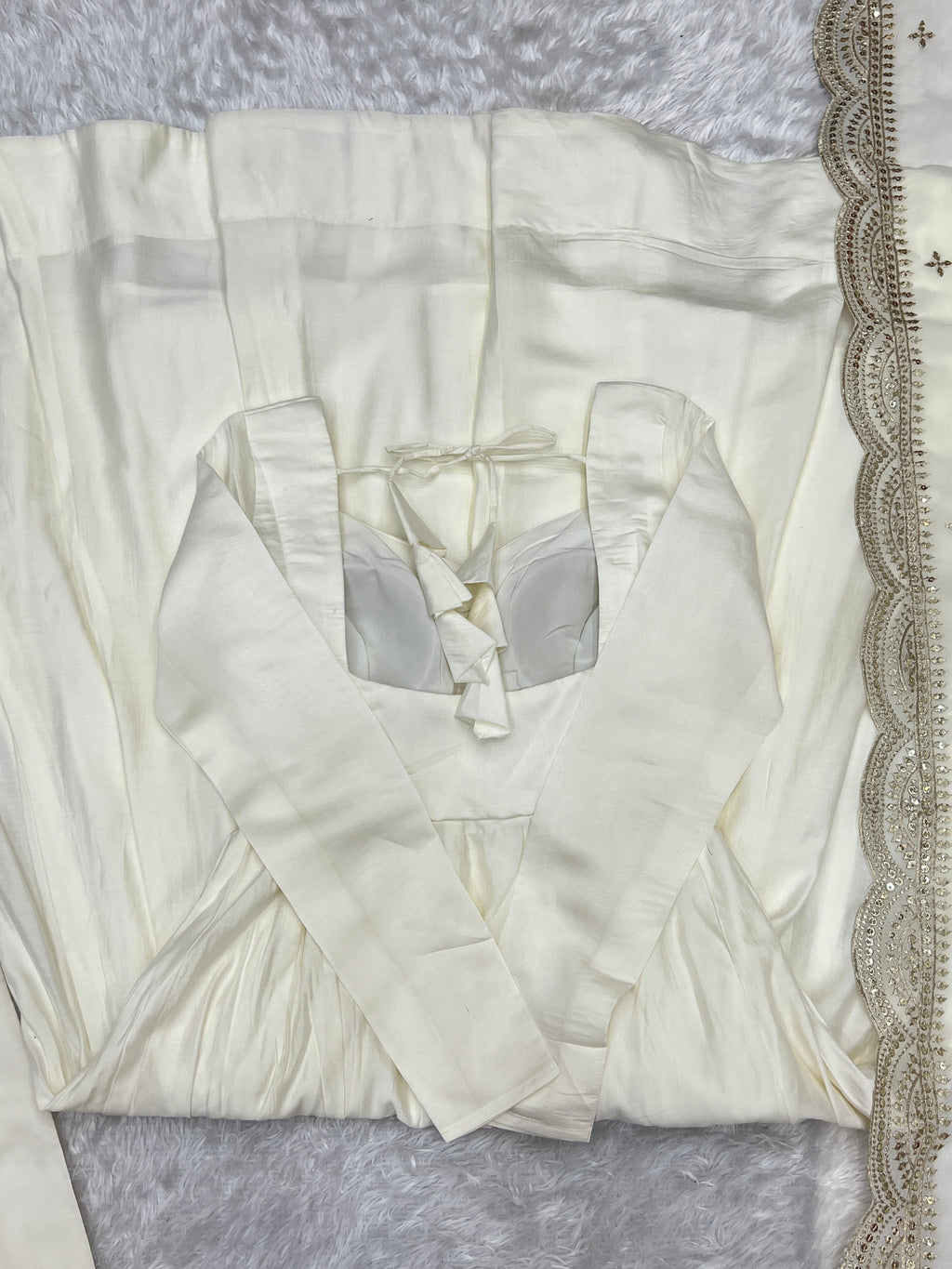 Lorenvalley Fashion Offwhite Pure Roman Silk Chanderi Fabric Fully Flared Anarkali Pant With Dupatta Set - Off White | Grocsy