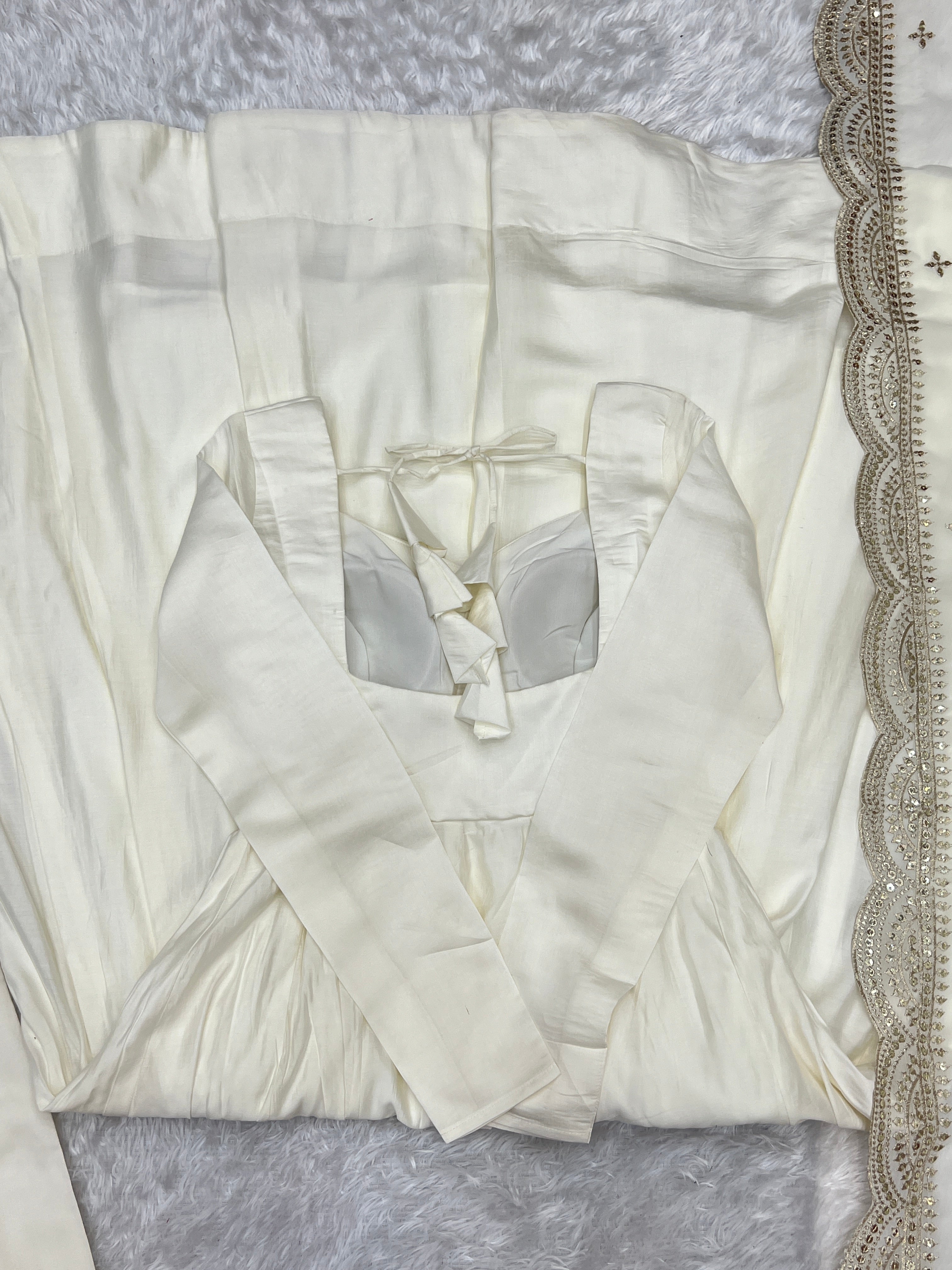 Lorenvalley Fashion Offwhite Pure Roman Silk Chanderi Fabric Fully Flared Anarkali Pant With Dupatta Set - Off White | Grocsy