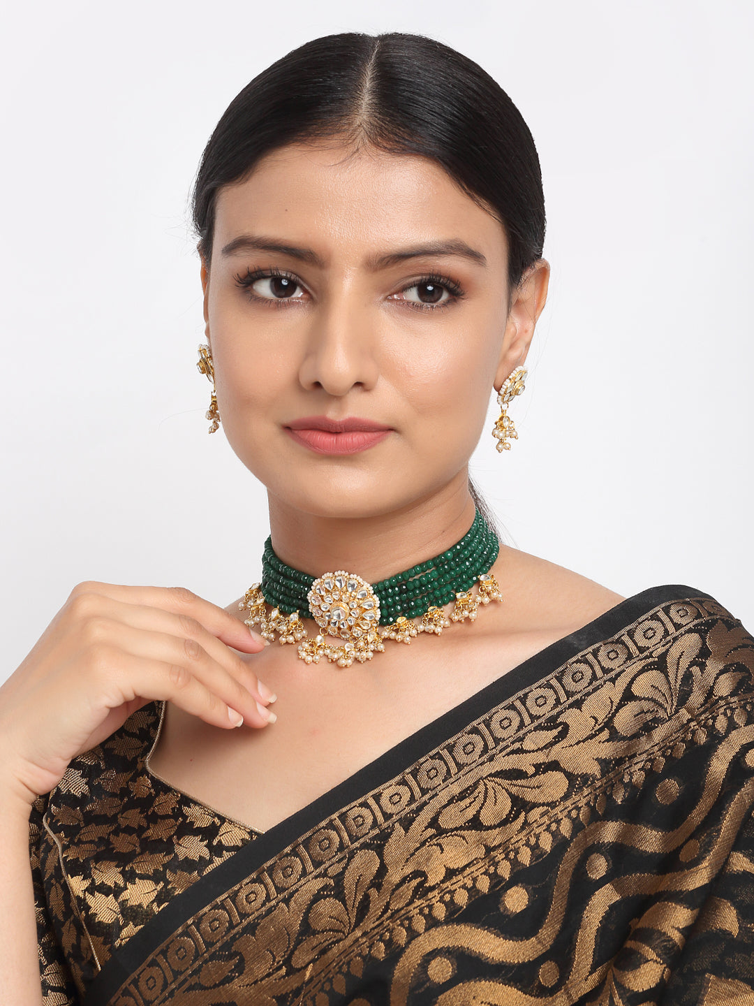 Gold-Polished Green Kundan-Studded Choker With Earrings - Ruby Raang | Grocsy