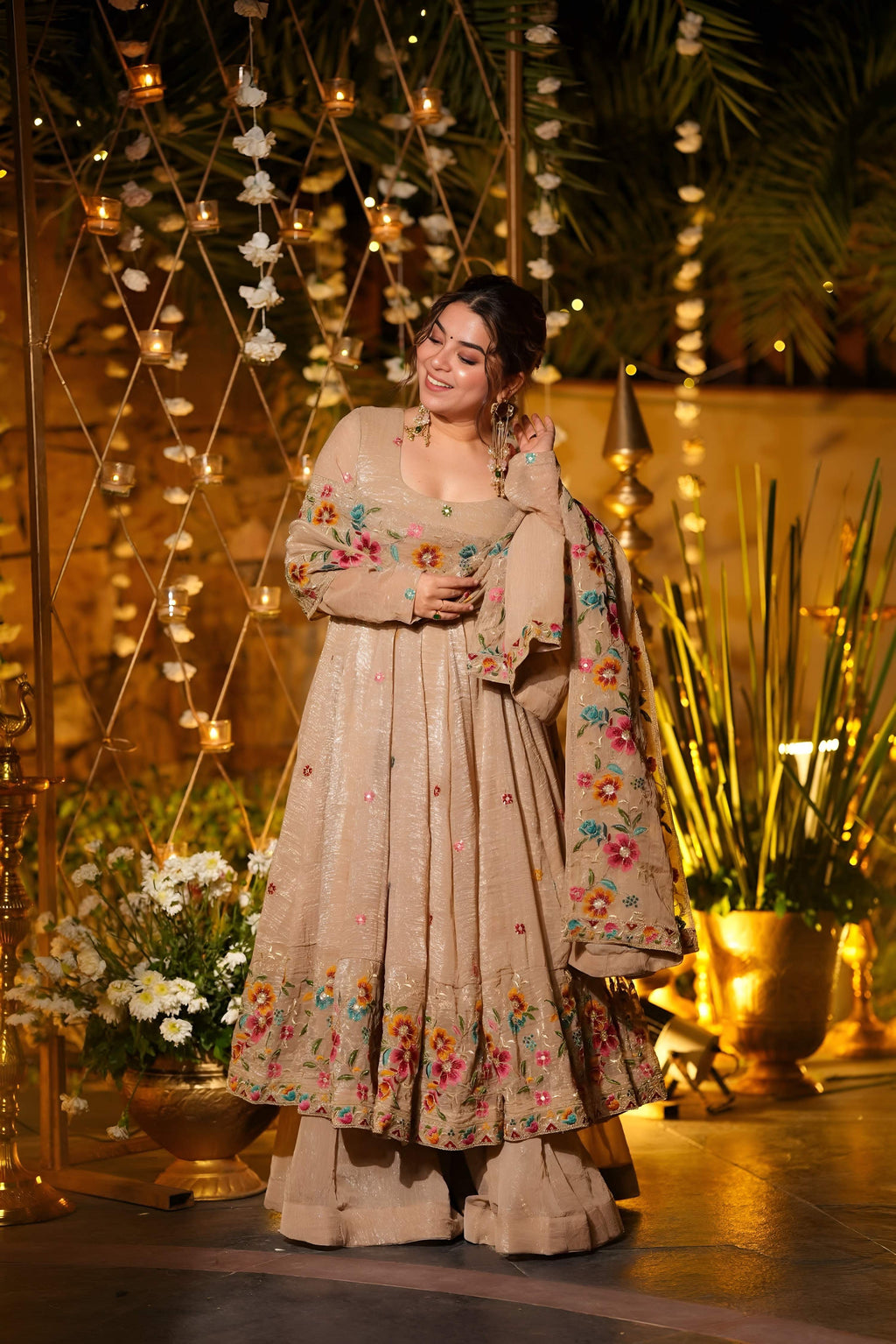 Yash Enterprise Beige Crunchy Silk Party Wear Embroidery Suit Set | Grocsy