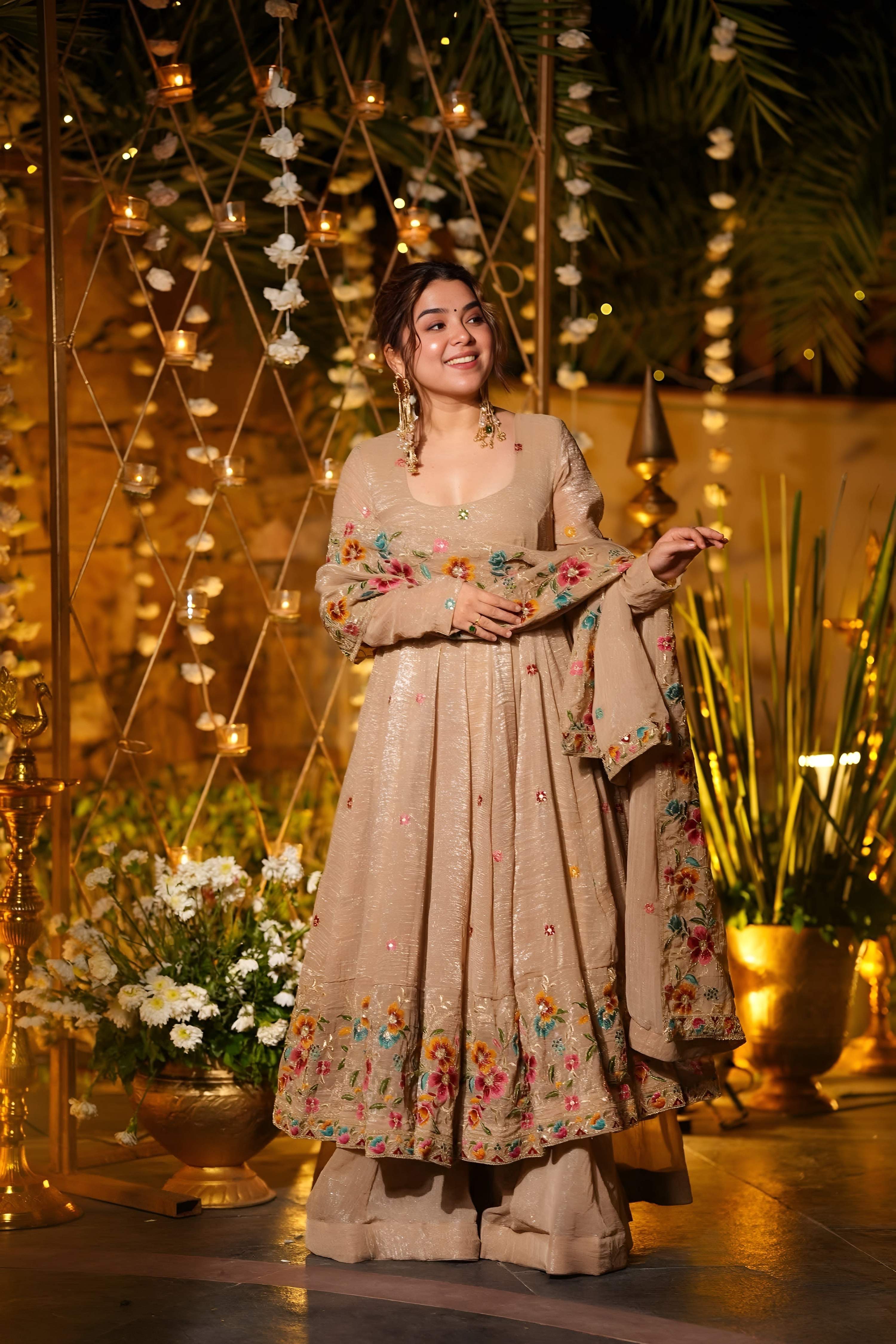 Yash Enterprise Beige Crunchy Silk Party Wear Embroidery Suit Set | Grocsy