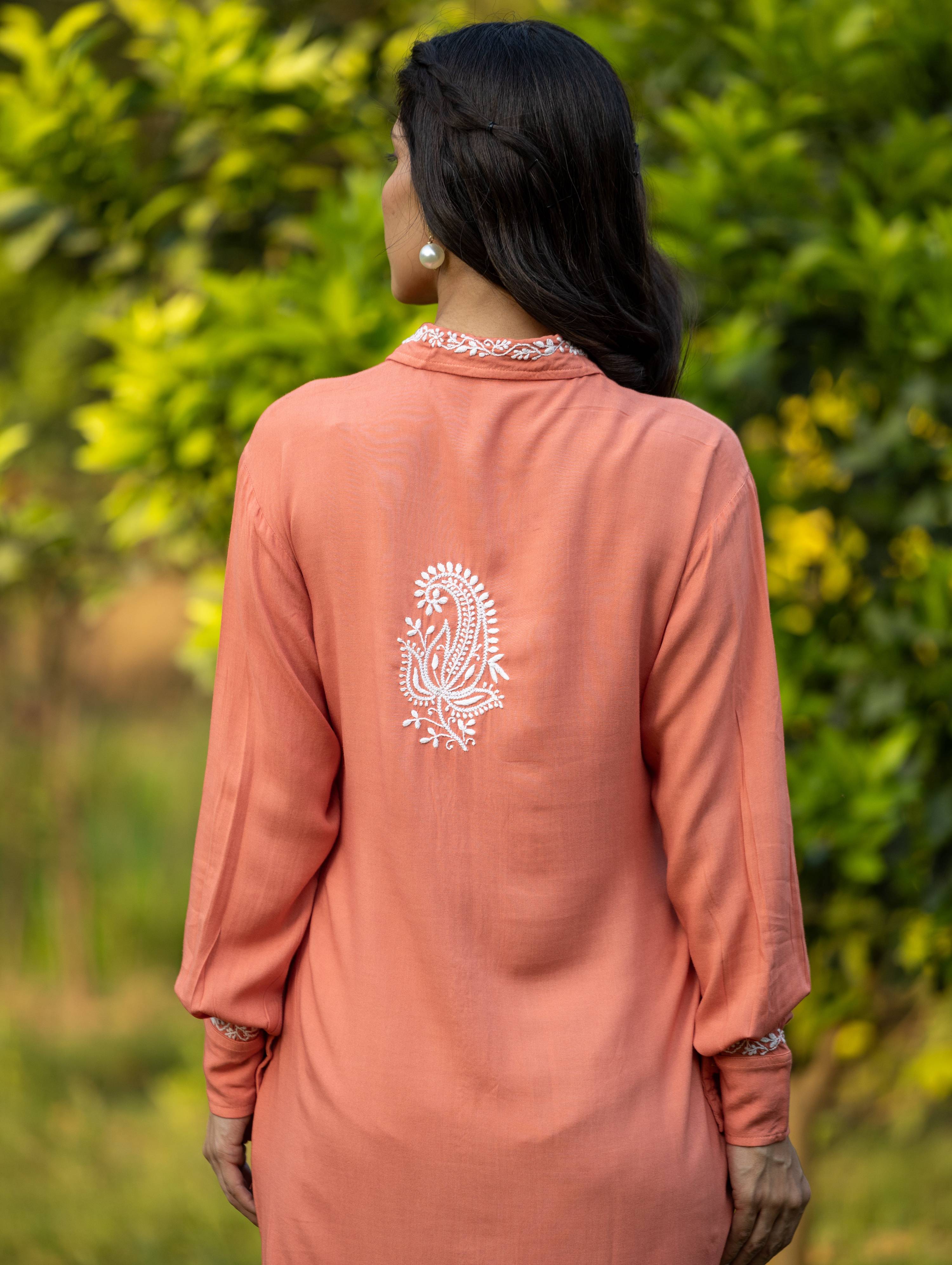 Gharana India Luxury Rayon Blush Red Chikankari Long Shirt | Grocsy