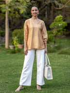 Gharana India Chanderi Chikankari Golden Beige Top | Grocsy
