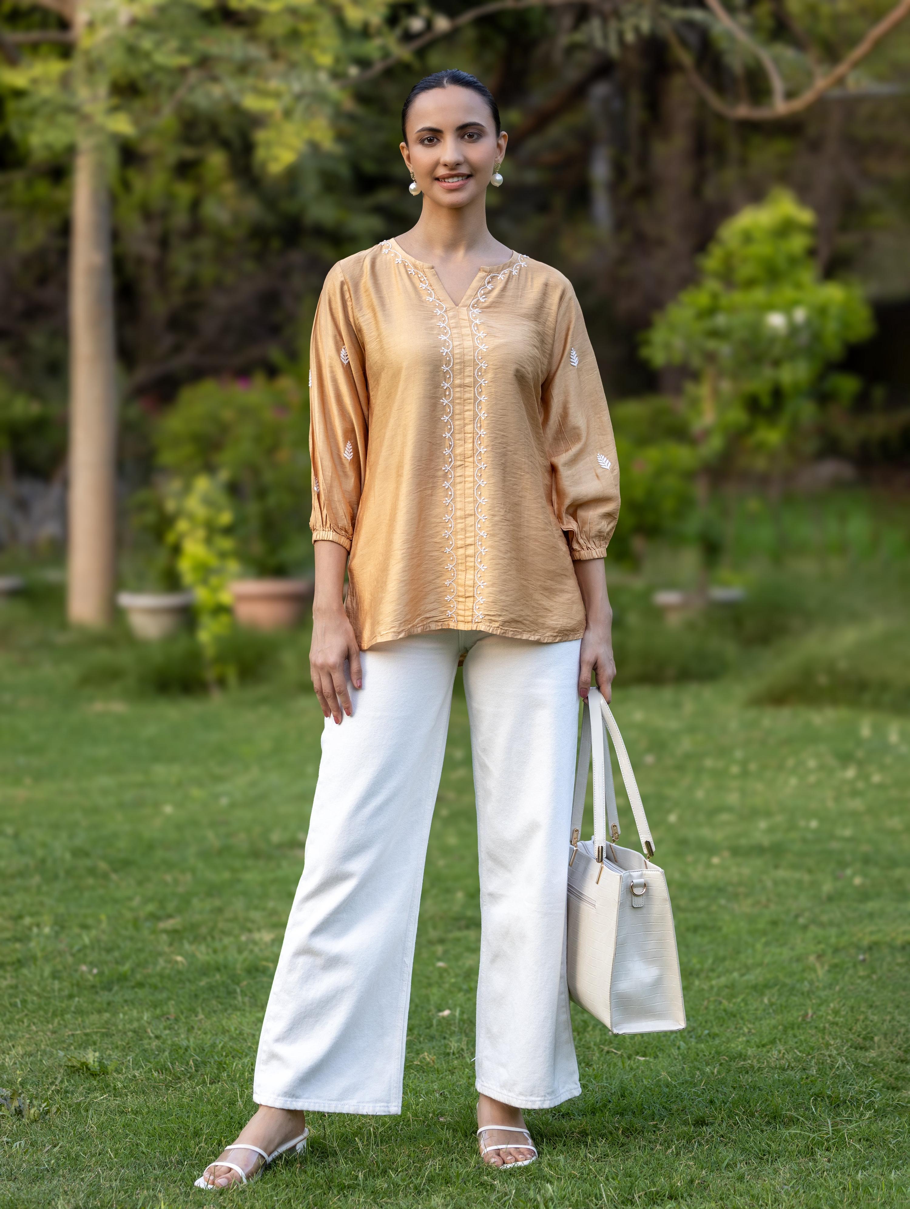 Gharana India Chanderi Chikankari Golden Beige Top | Grocsy