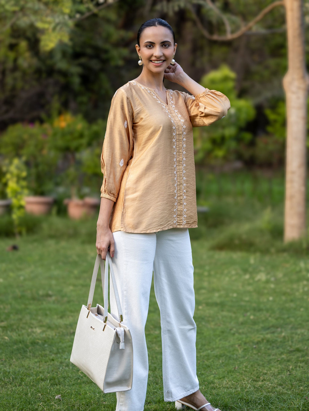 Gharana India Chanderi Chikankari Golden Beige Top | Grocsy