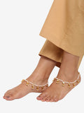 Gold-Polished White Handcrafted Kundan Set Of 2-Studded Beaded Anklets - Ruby Raang | Grocsy