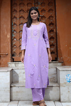Gharana India Mul Cotton Lilac Chikankari Kurta Set - 2Pc | Grocsy