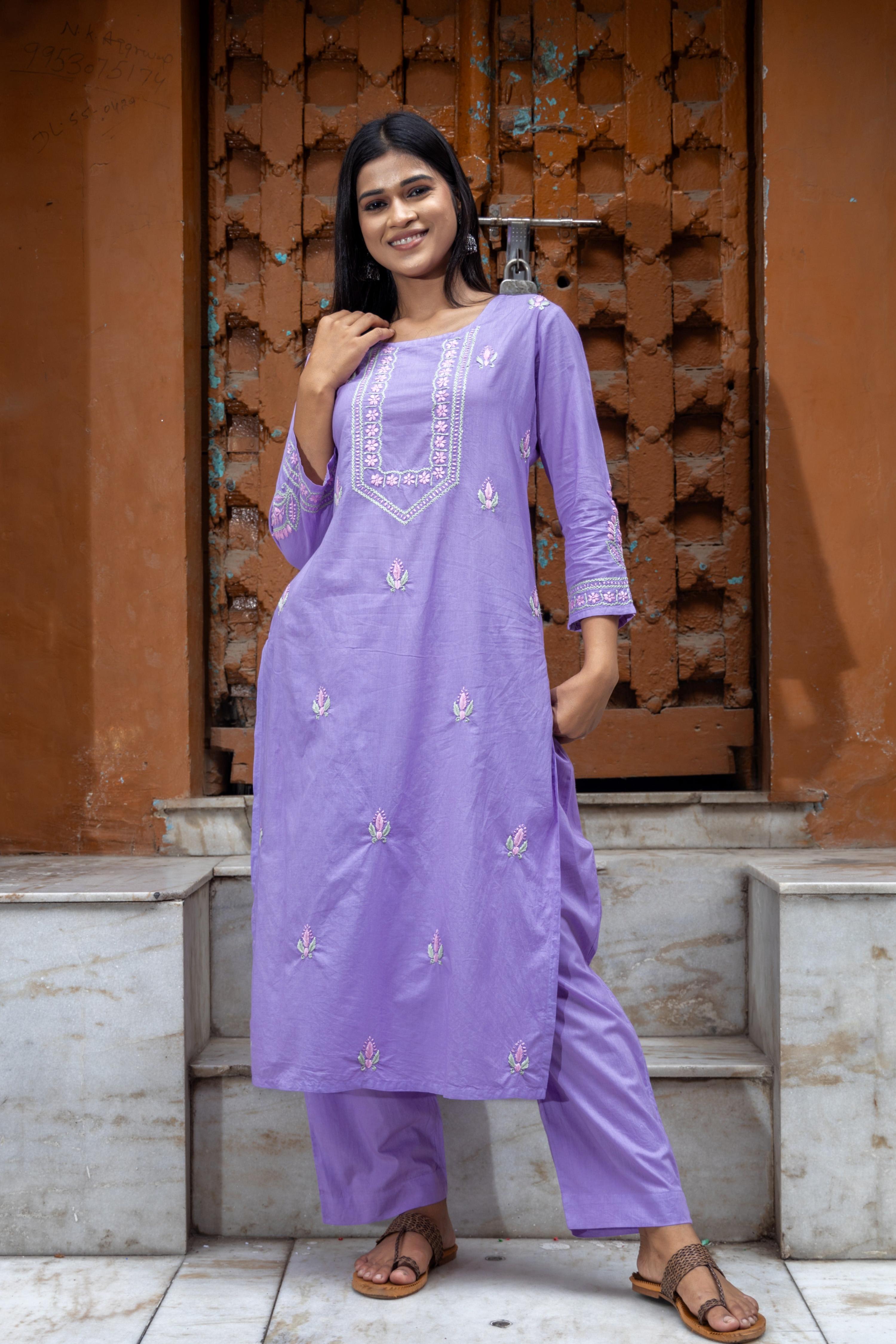 Gharana India Mul Cotton Lilac Chikankari Kurta Set - 2Pc | Grocsy