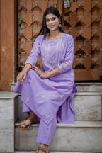 Gharana India Mul Cotton Lilac Chikankari Kurta Set - 2Pc | Grocsy
