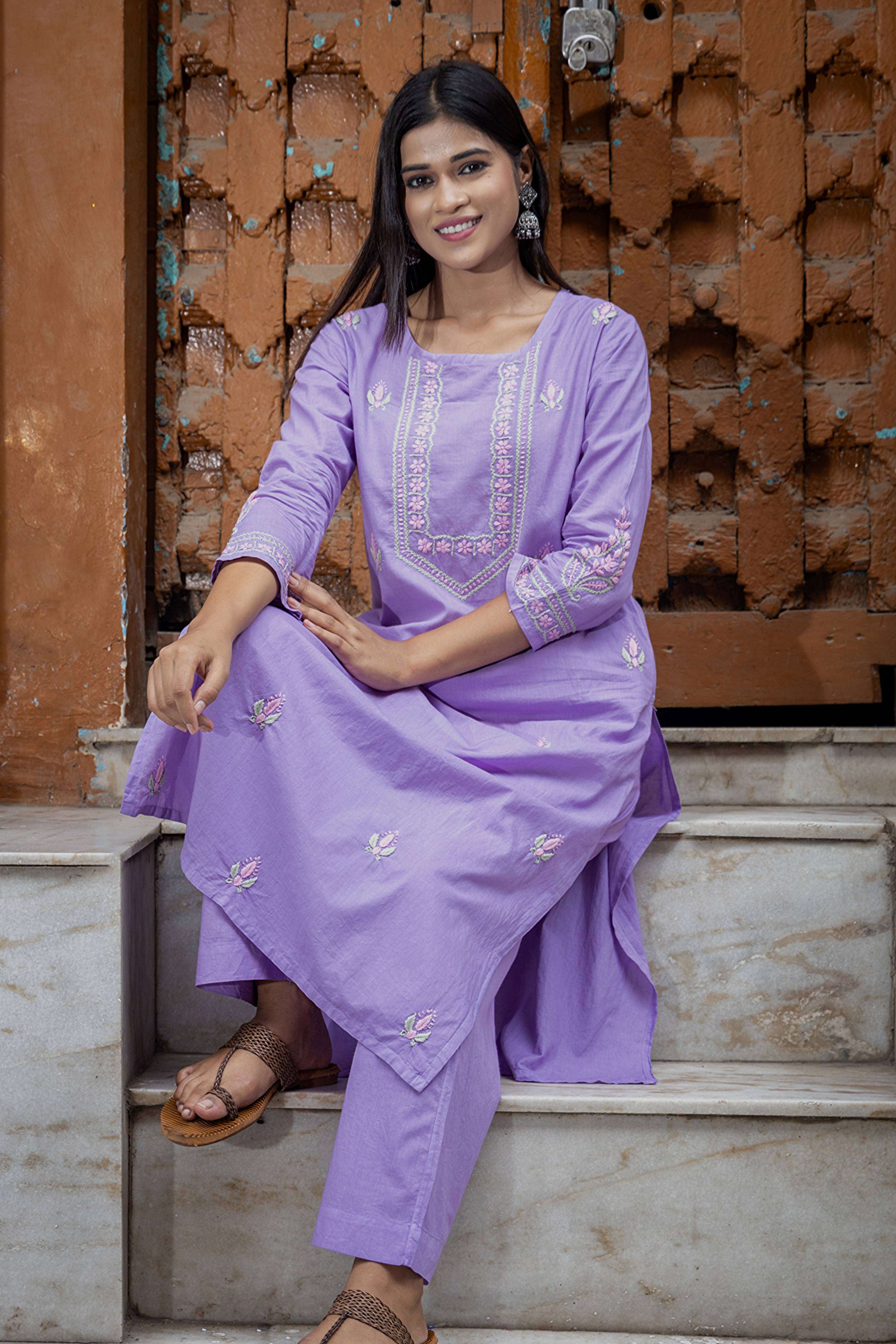 Gharana India Mul Cotton Lilac Chikankari Kurta Set - 2Pc | Grocsy