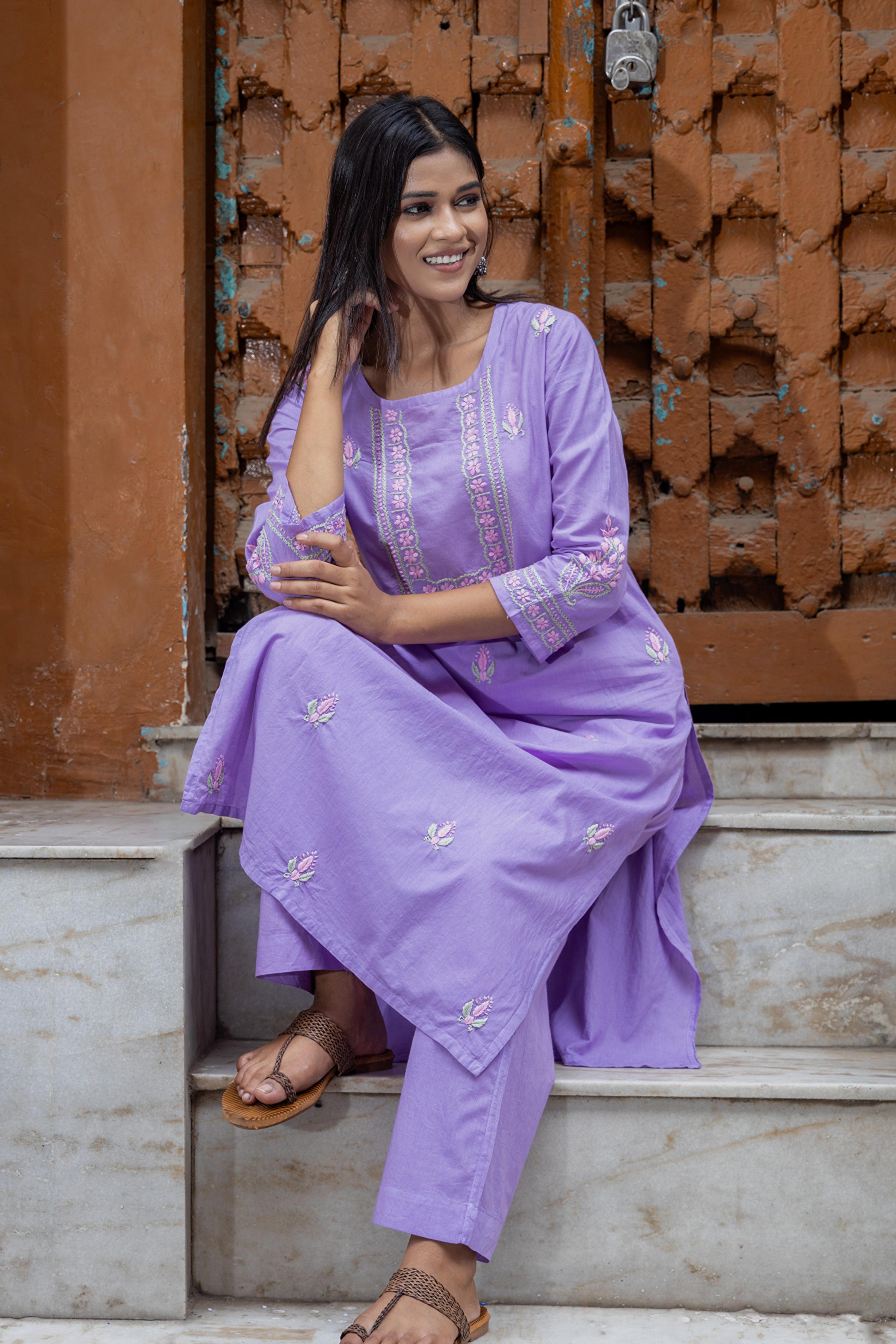 Gharana India Mul Cotton Lilac Chikankari Kurta Set - 2Pc | Grocsy