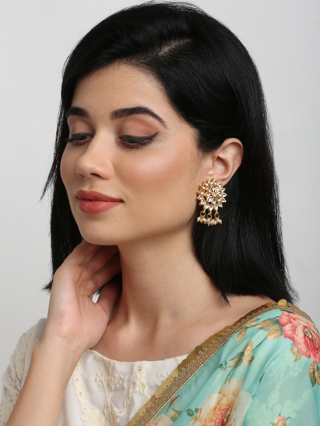 Gold-Polished Kundan Earrings - Ruby Raang | Grocsy