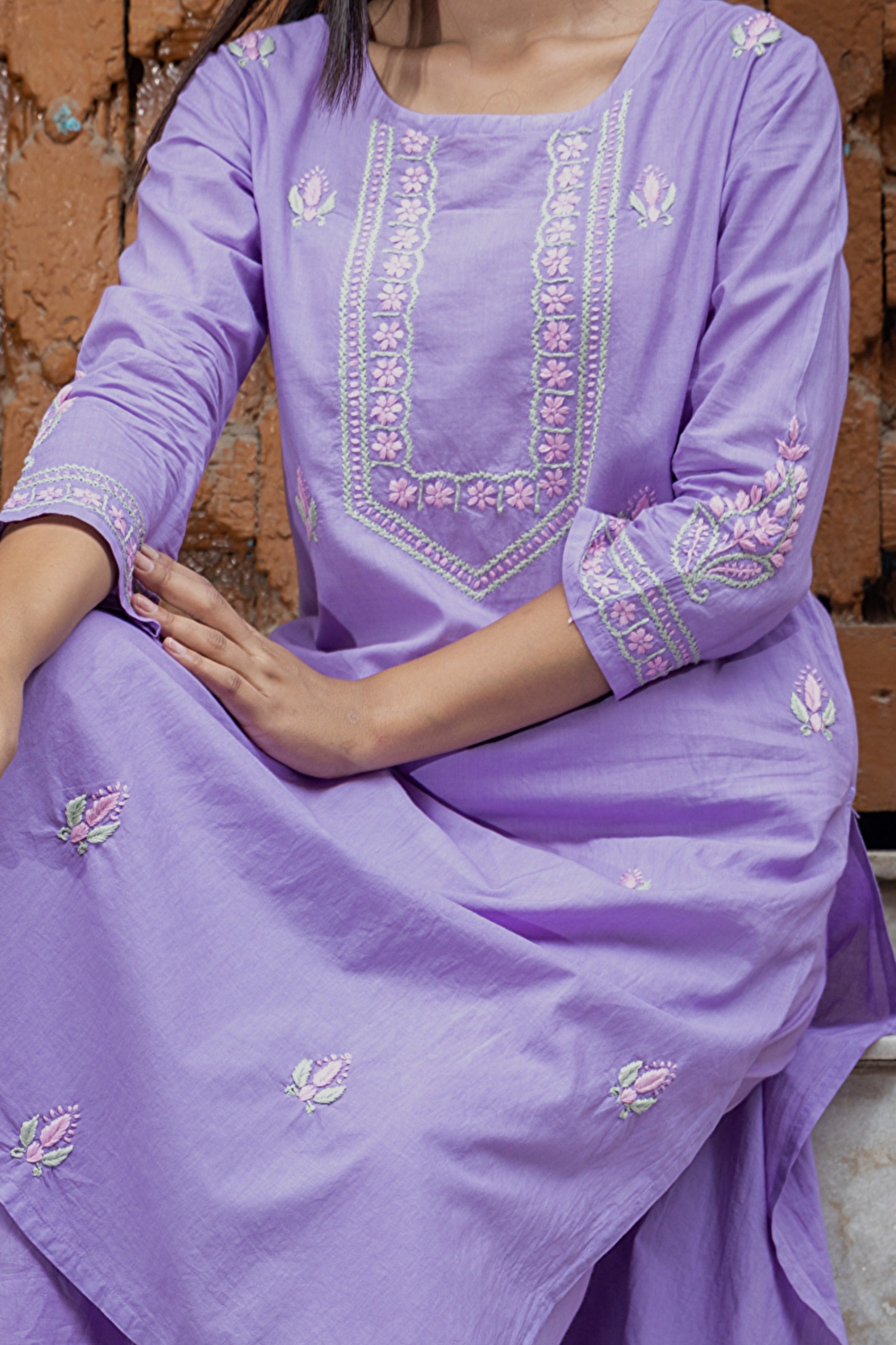 Gharana India Mul Cotton Lilac Chikankari Kurta Set - 2Pc | Grocsy