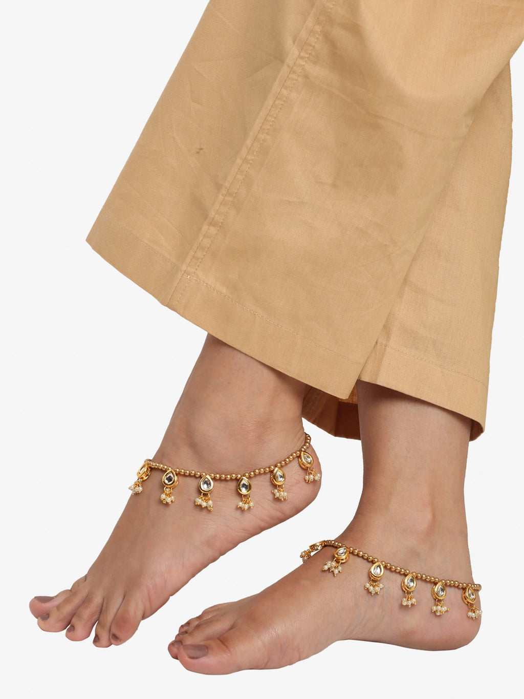 Gold-Polished White Kundan Set Of 2 Anklets - Ruby Raang | Grocsy