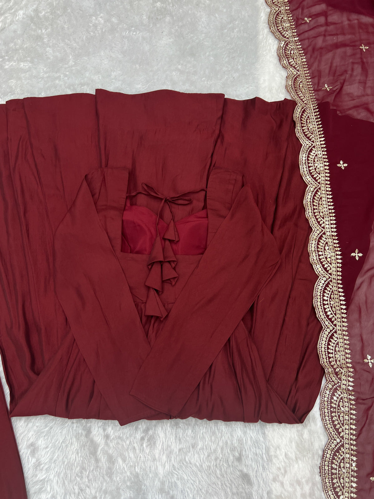 Lorenvalley Fashion Maroon Pure Roman Silk Chanderi Fabric Fully Flared Anarkali Pant With Dupatta Set - Maroon | Grocsy
