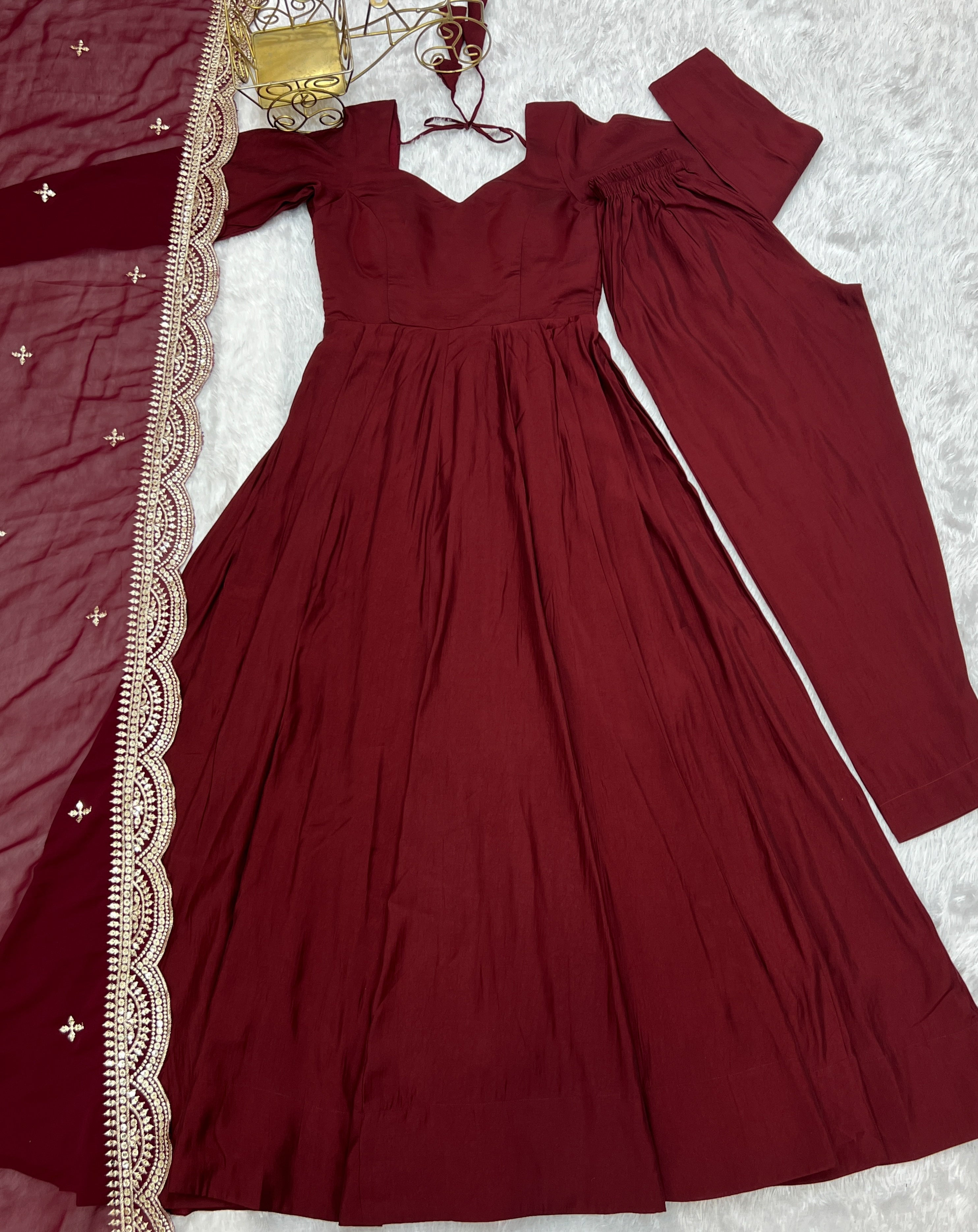 Lorenvalley Fashion Maroon Pure Roman Silk Chanderi Fabric Fully Flared Anarkali Pant With Dupatta Set - Maroon | Grocsy