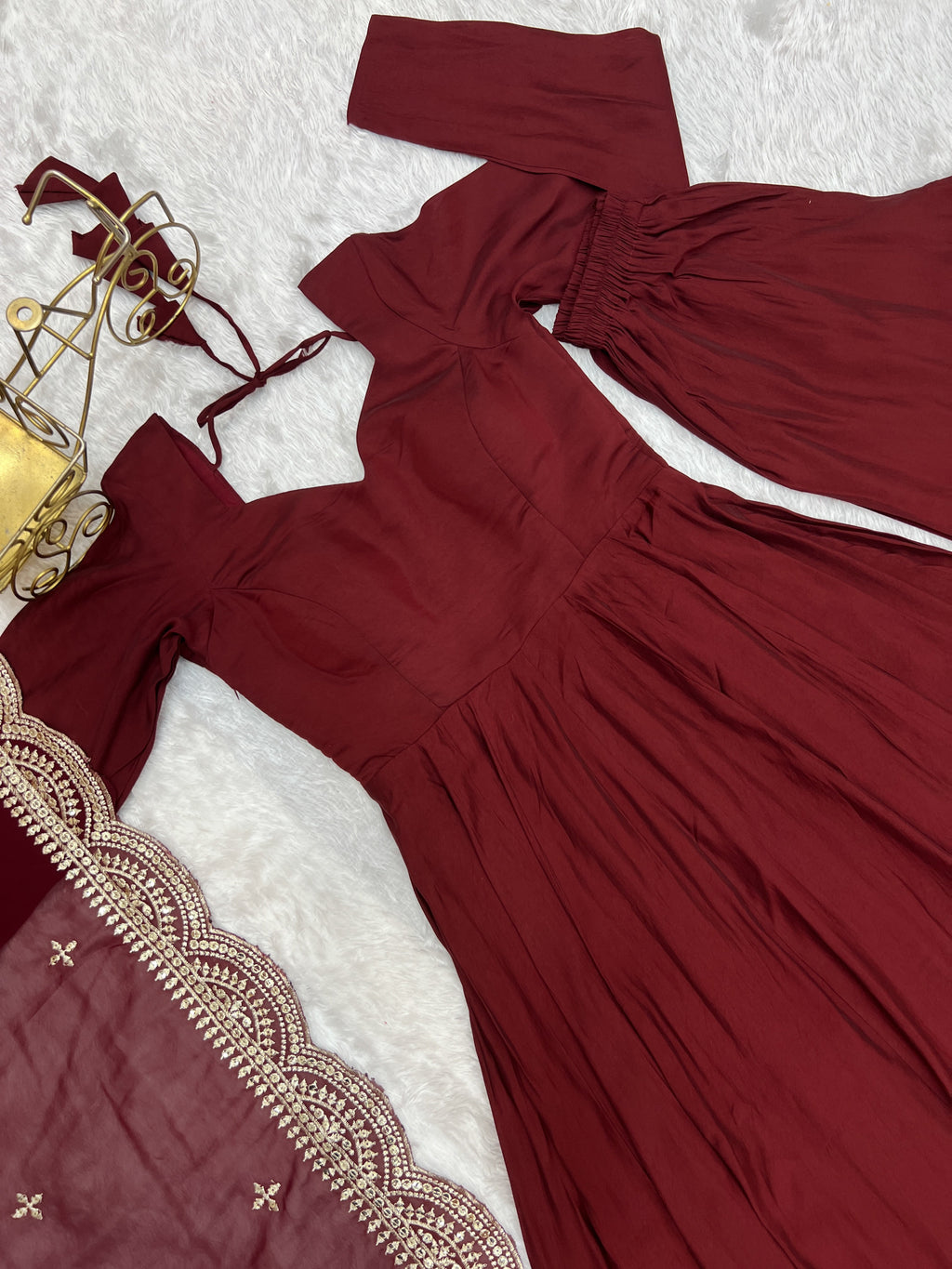 Lorenvalley Fashion Maroon Pure Roman Silk Chanderi Fabric Fully Flared Anarkali Pant With Dupatta Set - Maroon | Grocsy