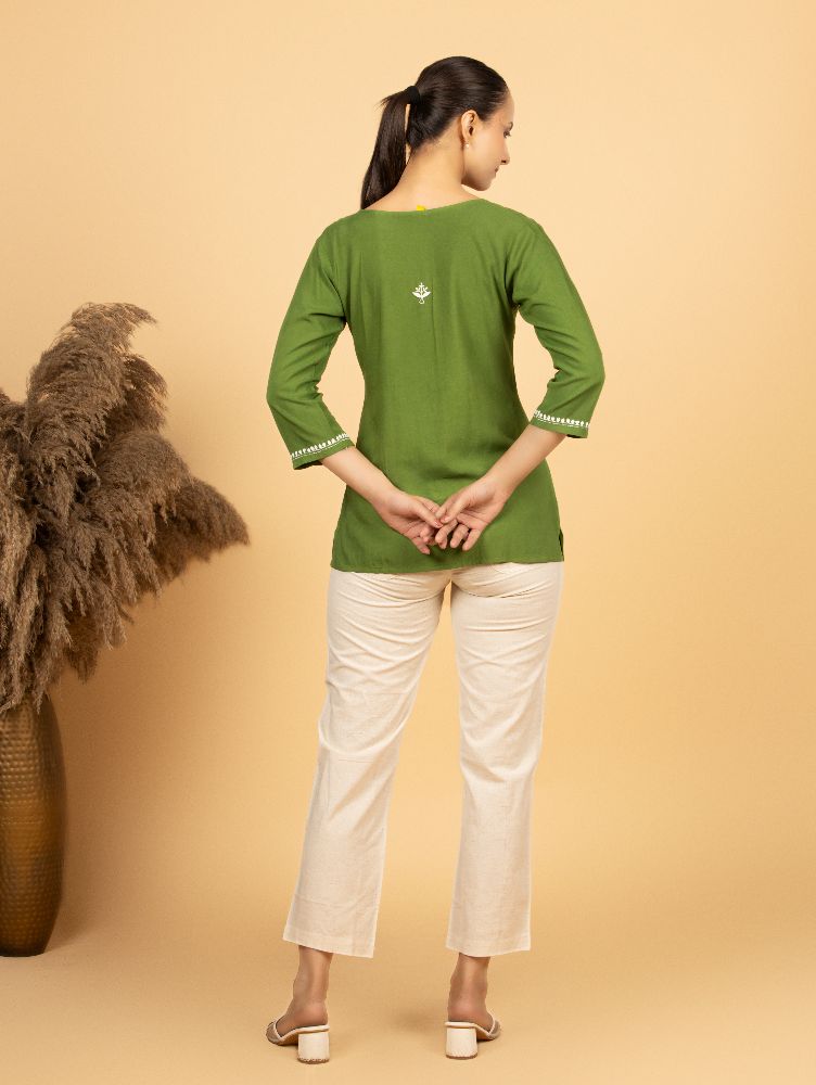 Gharana India Luxury Rayon Green Chikankari Top | Grocsy