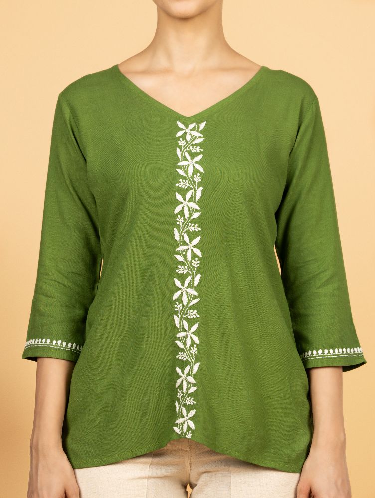 Gharana India Luxury Rayon Green Chikankari Top | Grocsy