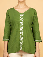 Gharana India Luxury Rayon Green Chikankari Top | Grocsy