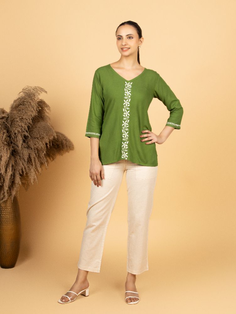 Gharana India Luxury Rayon Green Chikankari Top | Grocsy
