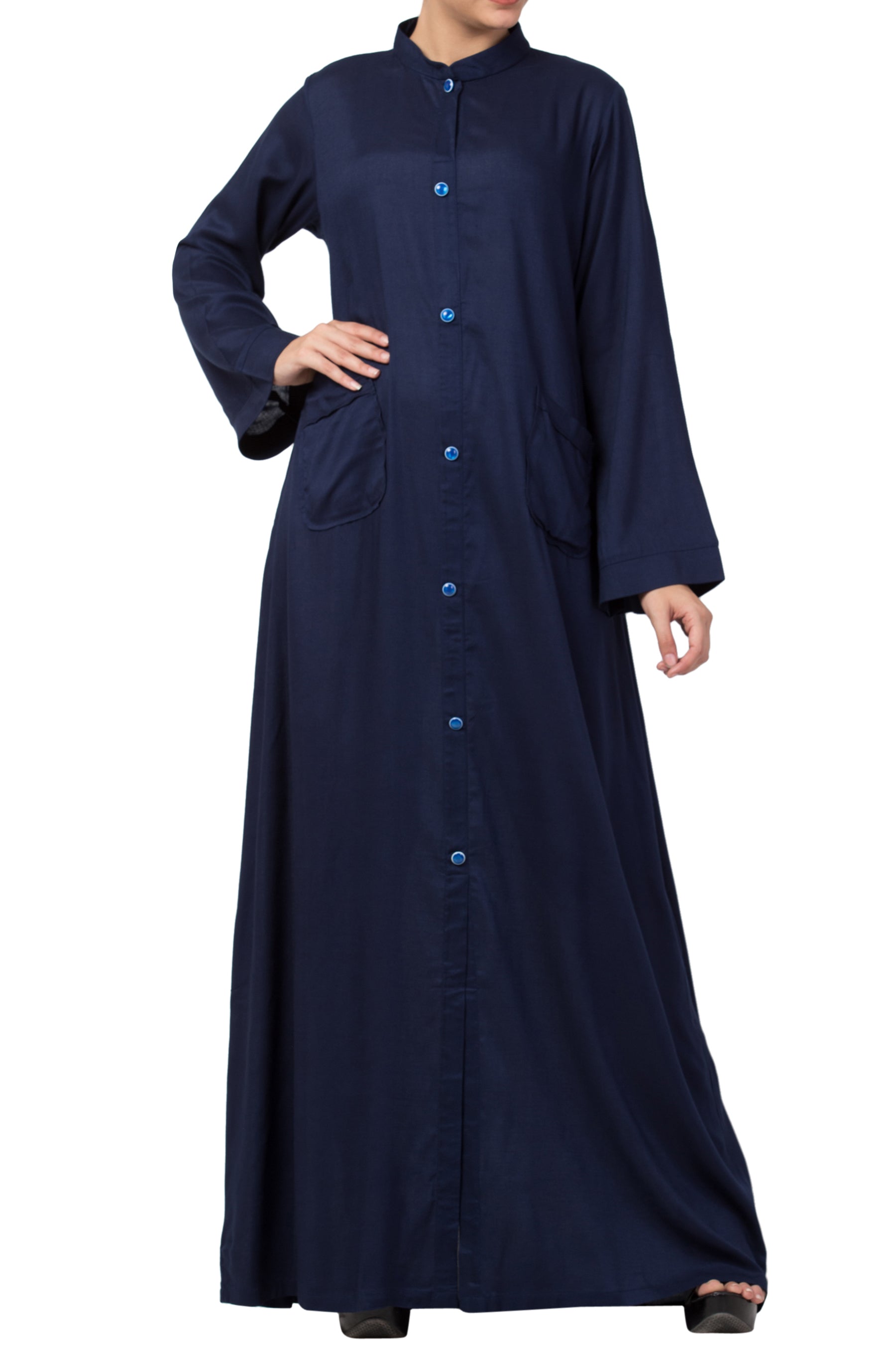 Bashariya Simple Front Open Abaya In Rayon Fabric With Pockets - NavyBlue | Grocsy