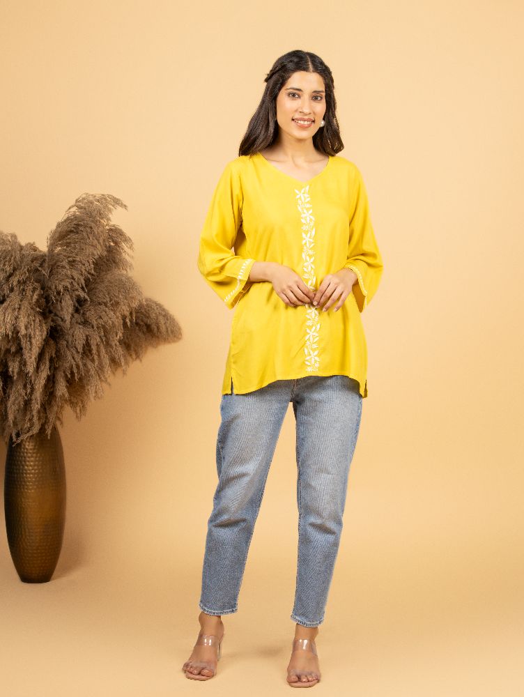 Gharana India Luxury Rayon Yellow Chikankari Top | Grocsy