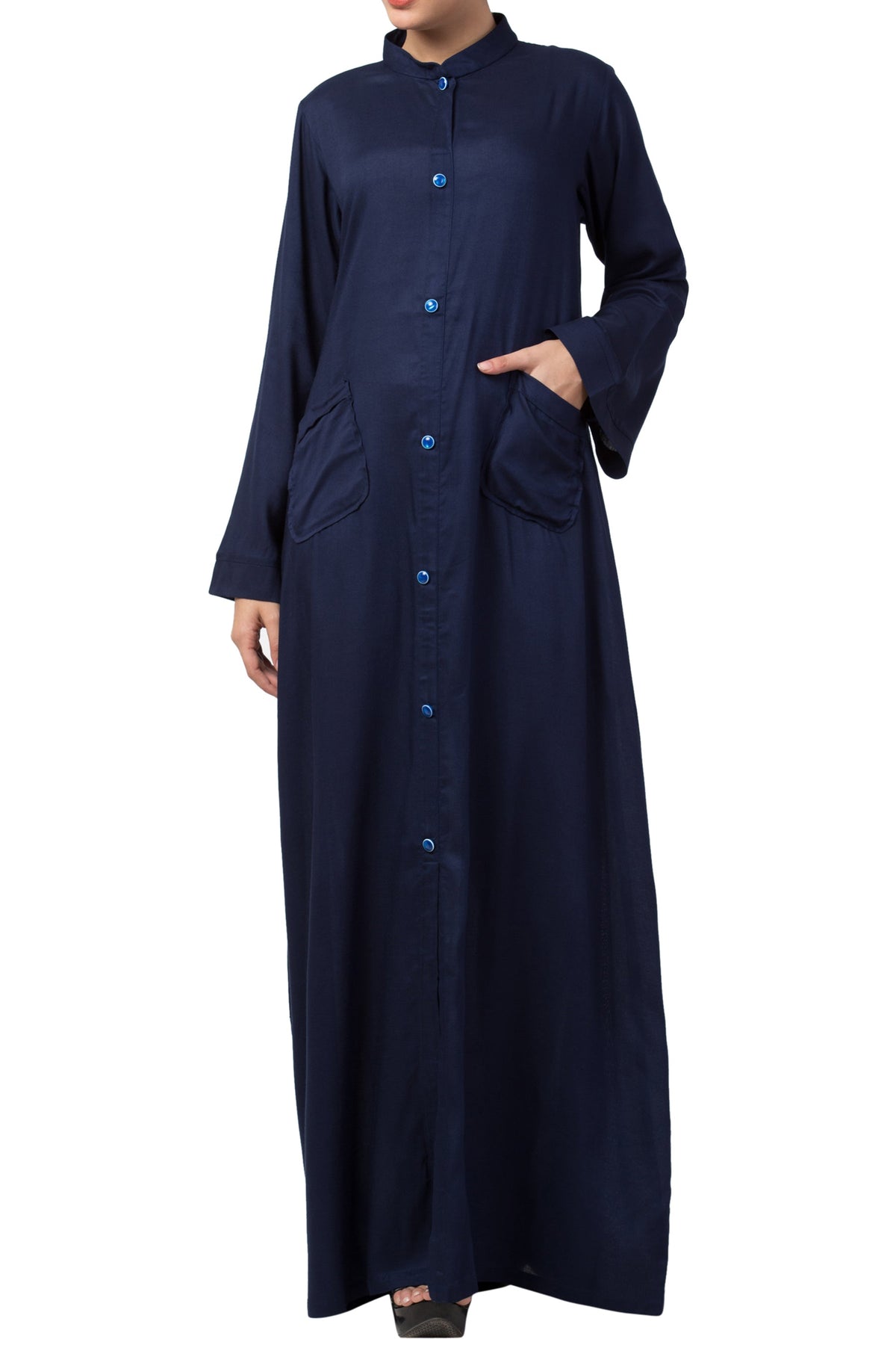 Bashariya Simple Front Open Abaya In Rayon Fabric With Pockets - NavyBlue | Grocsy