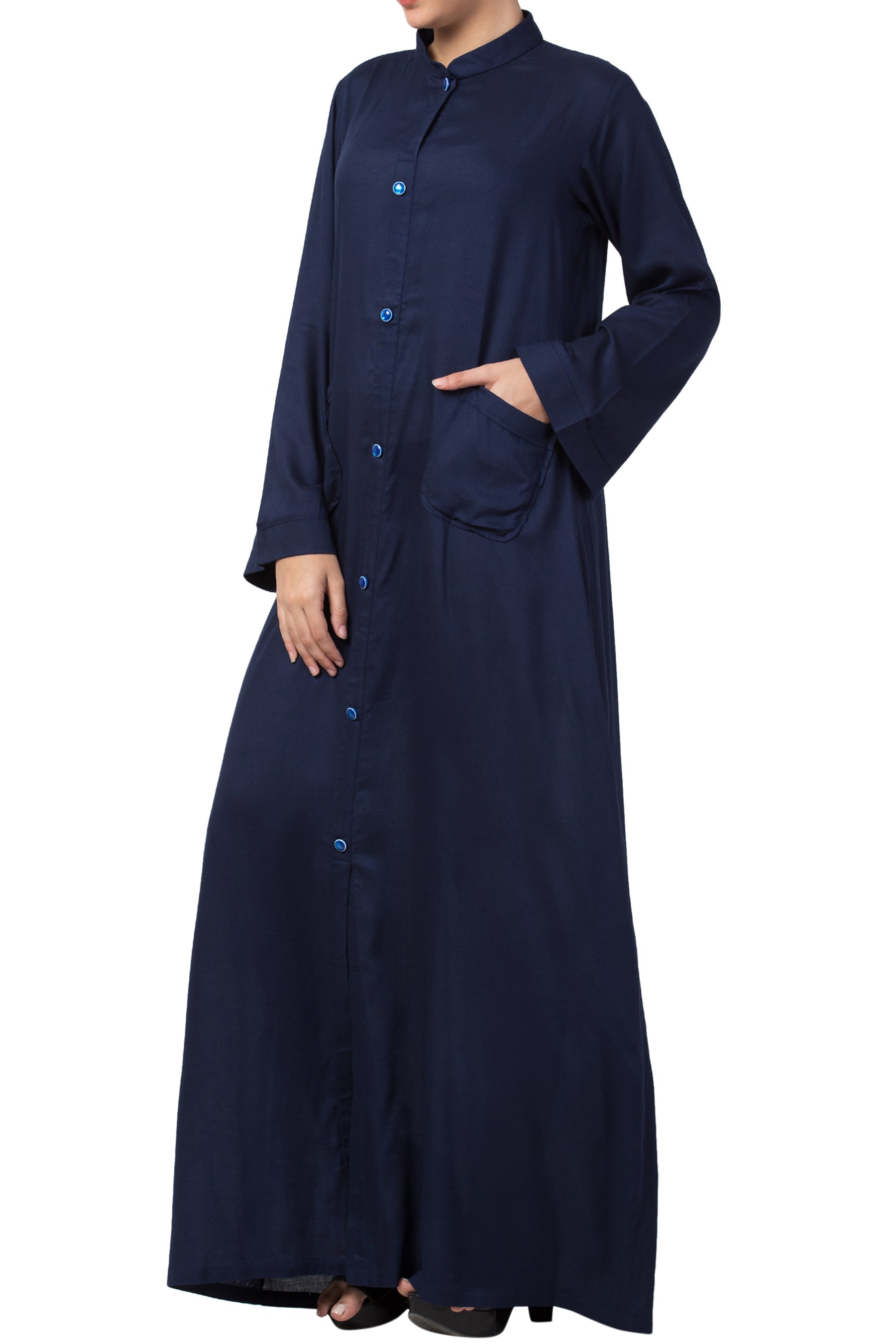 Bashariya Simple Front Open Abaya In Rayon Fabric With Pockets - NavyBlue | Grocsy