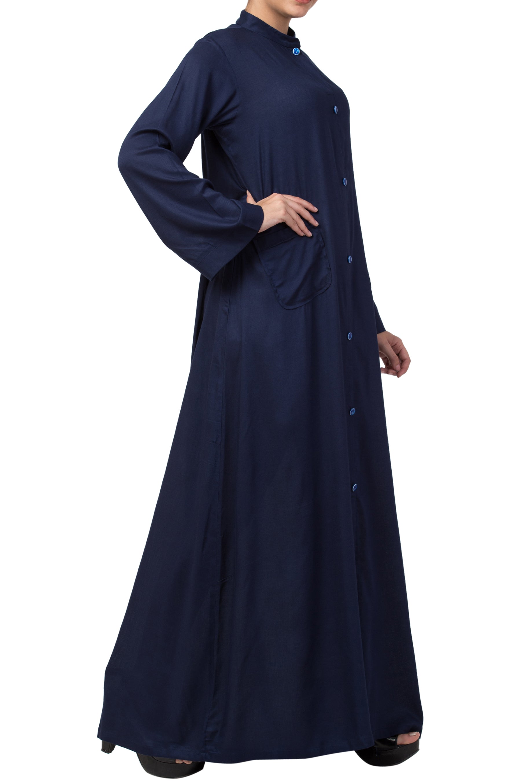 Bashariya Simple Front Open Abaya In Rayon Fabric With Pockets - NavyBlue | Grocsy