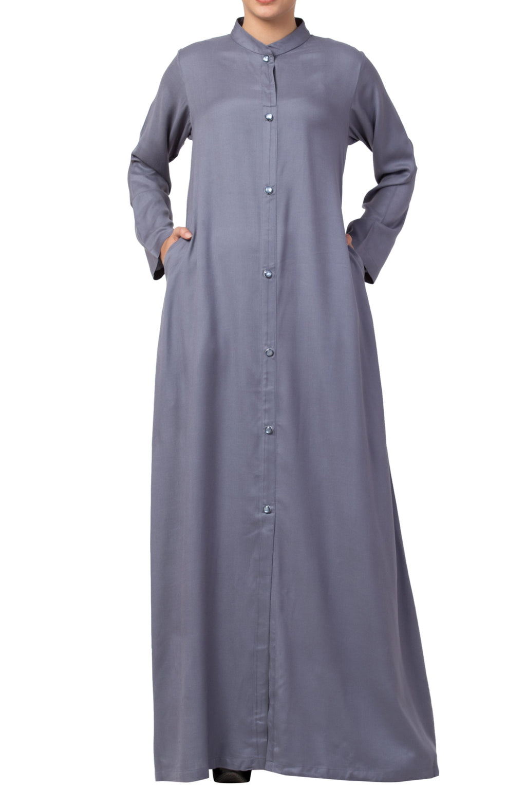 Bashariya Simple Front Open Abaya In Rayon Fabric With Pockets - Grey | Grocsy
