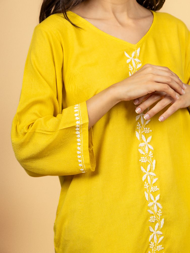 Gharana India Luxury Rayon Yellow Chikankari Top | Grocsy