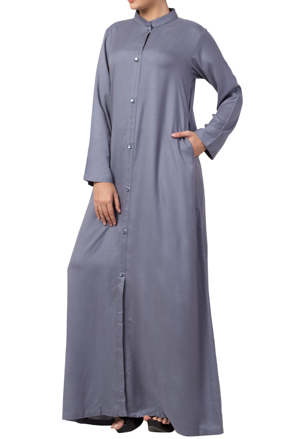 Bashariya Simple Front Open Abaya In Rayon Fabric With Pockets - Grey | Grocsy